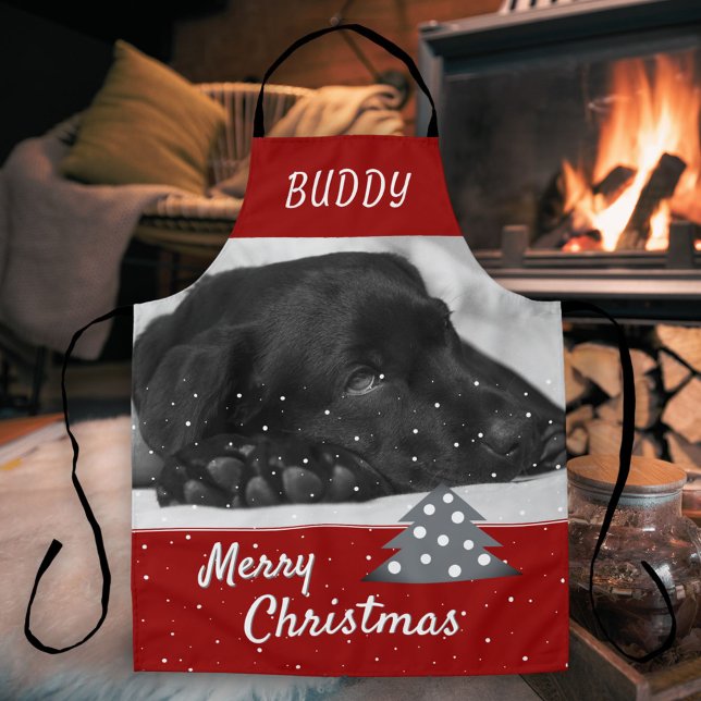 Festive Red Dog Pet Photo Tree Merry Christmas Apron (Creator Uploaded)