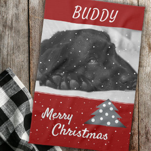 Festive Red Dog Pet Photo Tree Merry Christmas Tea Towel
