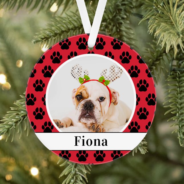 Festive Red Dog Photo Script Name Paw Print Ornament (Creator Uploaded)