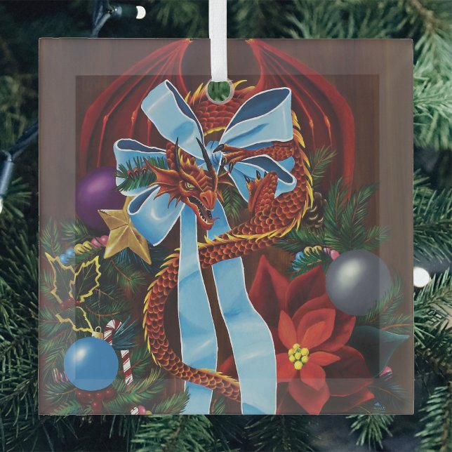 Festive Red Dragon Blue Ribbon Christmas Wreath  Glass Tree Decoration (Creator Uploaded)
