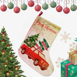 Festive Red Farmhouse Truck Rustic Country Vintage Large Christmas Stocking<br><div class="desc">Classic red Christmas truck with family names signs and carrying a Christmas tree. So warm vintage style.</div>