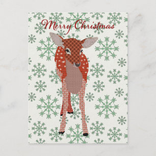 Festive Red Fawn Green Snowflake Postcard Christm