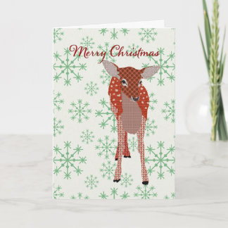 Festive Red Fawn Green Snowflakes Christmas Card