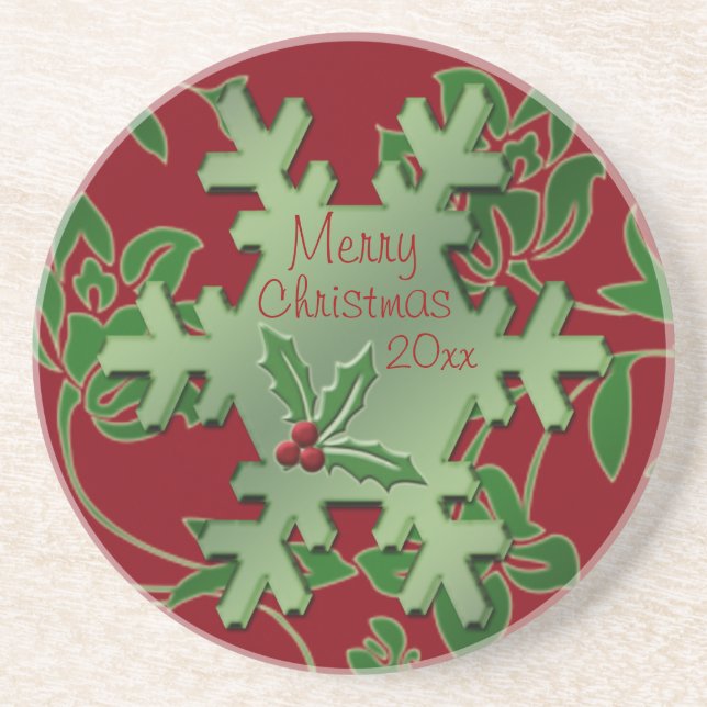 Festive Red Floral and Green Snowflake Coaster (Front)
