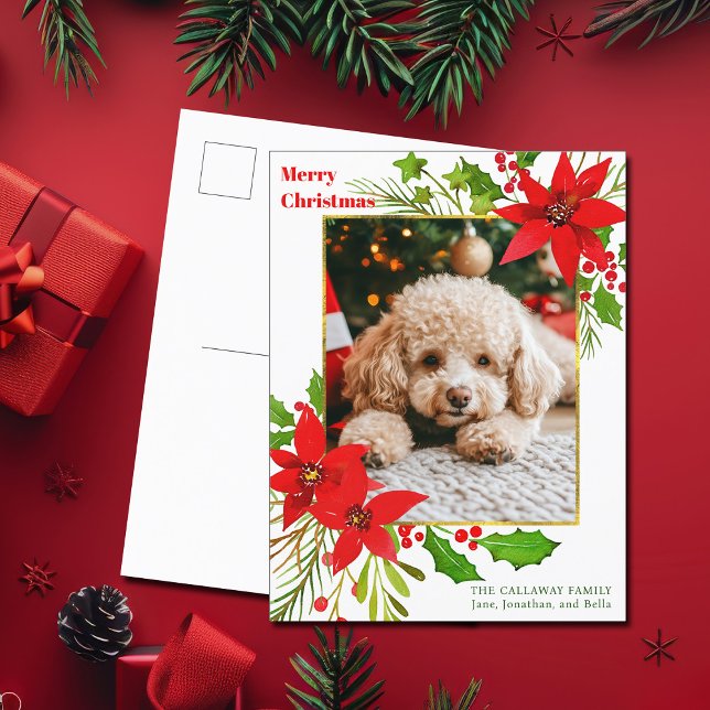 Festive Red Floral Dog Photo Christmas Poinsettia Holiday Postcard (Creator Uploaded)