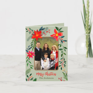 Festive Red Floral Watercolor 1 Photo Christmas Holiday Card