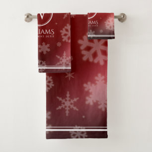 Festive Red Foil Snowflakes Monogram Name Bath Towel Set