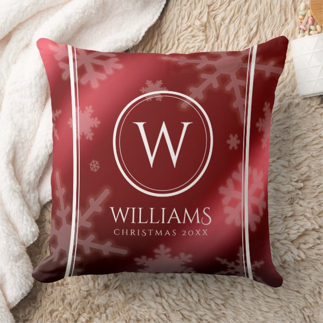 Festive Red Foil Snowflakes Monogram Name Cushion (Blanket)