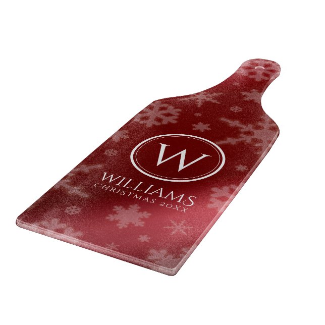 Festive Red Foil Snowflakes Monogram Name Cutting Board (Corner)