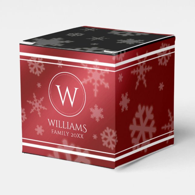 Festive Red Foil Snowflakes Monogram Name Favour Box (Front Side)