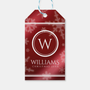 Festive Red Foil Snowflakes Monogram Name Gift Tags