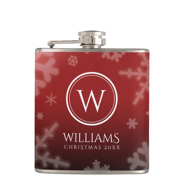 Festive Red Foil Snowflakes Monogram Name Hip Flask (Front)