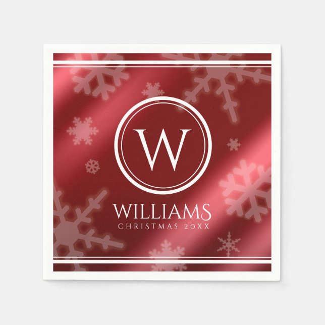 Festive Red Foil Snowflakes Monogram Name Napkin (Front)