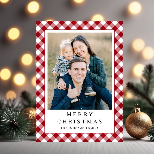 Festive Red Gingham Photo Christmas Holiday Card (Festive Red Gingham Photo Christmas Holiday Card)