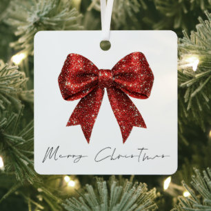 Festive Red Glitter Coquette Bow Merry Christmas Metal Tree Decoration