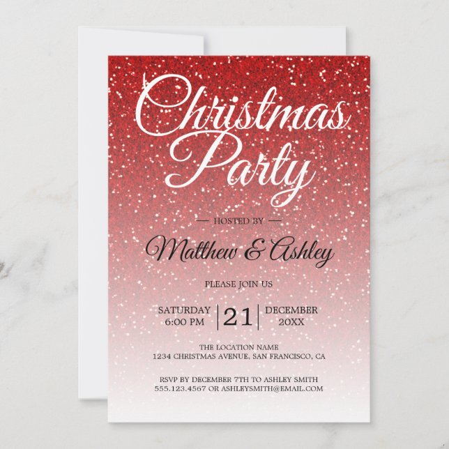 Festive Red Glitter Ombre Christmas Party Invitation (Front)