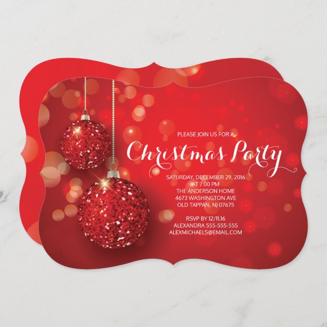 Festive Red Glitter Ornament Christmas Party Invitation (Front/Back)