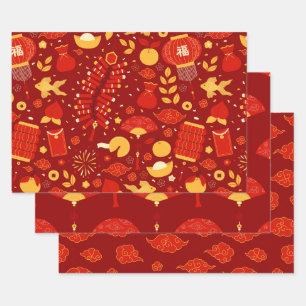 Festive Red & Gold Chinese New Year Icons Wrapping Paper Sheet