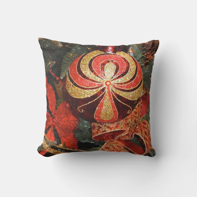 Festive Red Gold Christmas Ornament & Poinsettia Cushion (Front)