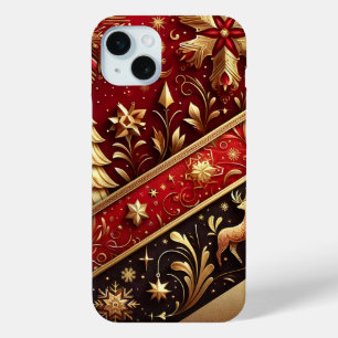 FESTIVE RED & GOLD CHRISTMAS TREES HOLLY iPhone 15 MINI CASE