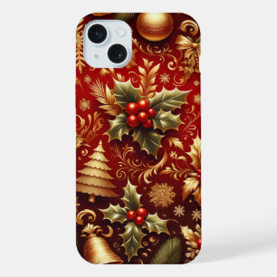 FESTIVE RED & GOLD CHRISTMAS TREES HOLLY iPhone 15 PLUS CASE