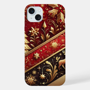 FESTIVE RED & GOLD CHRISTMAS TREES HOLLY iPhone 15 PLUS CASE