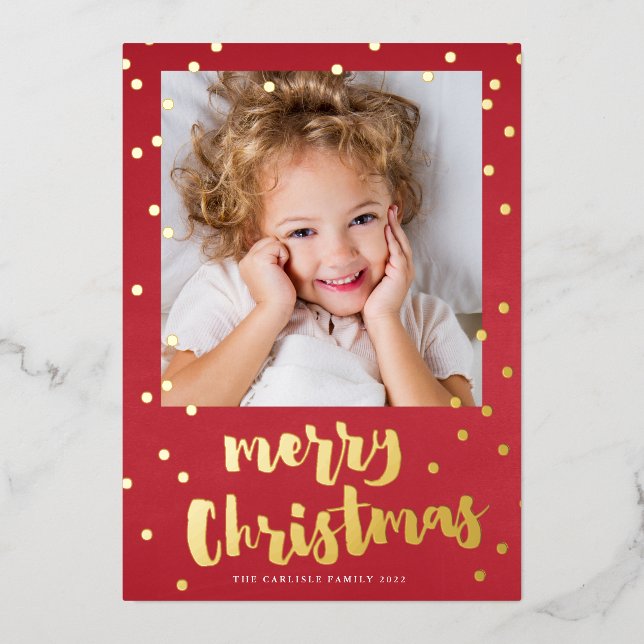 Festive Red & Gold Confetti Merry Christmas Photo (Front)