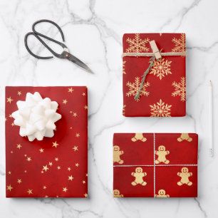 Festive Red & Gold Foil Winter Christmas Patterns Wrapping Paper Sheet