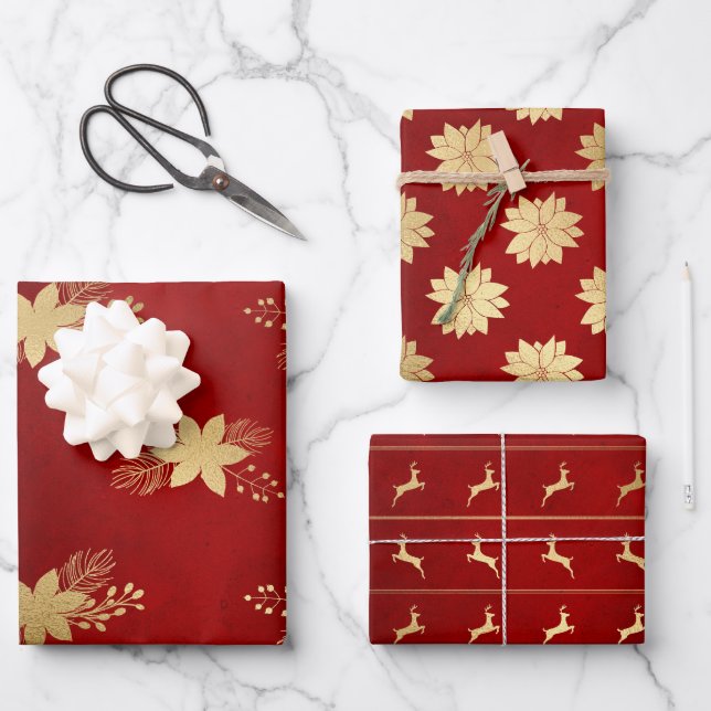 Festive Red & Gold Foil Winter Christmas Patterns  Wrapping Paper Sheet (Front)