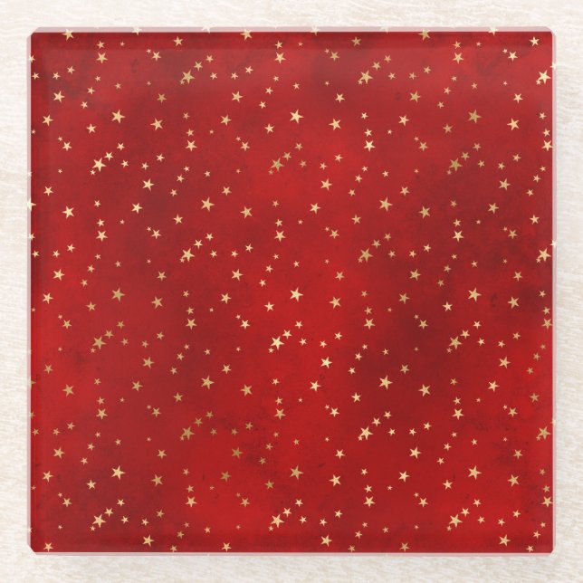 Festive Red & Gold Foil Winter Christmas Stars Glass Coaster (Front)