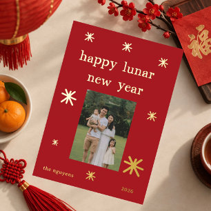Festive Red Gold Lunar New Year Family Photo