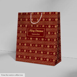 Festive Red Gold Personalized Holiday Gift Bag