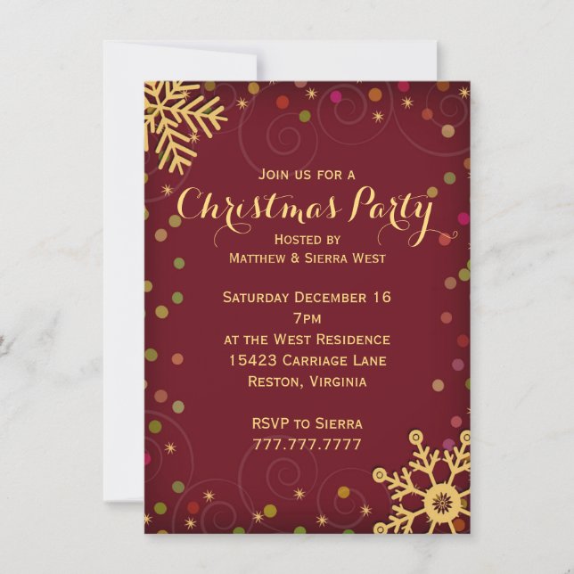 Festive Red Gold Snowflakes Christmas Party Invitation (Front)