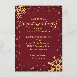 Festive Red Gold Snowflakes Christmas Party Invitation