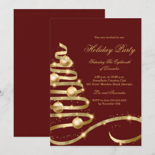 Festive Red Gold Tree Christmas Party Invitation