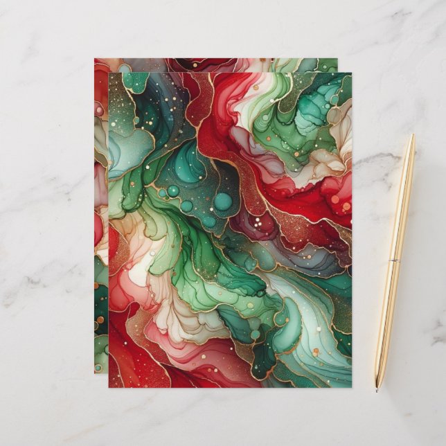 Festive Red & Green Alcohol Ink Scrapbook Paper (Front/Back In Situ)