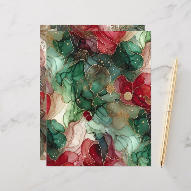Festive Red & Green Alcohol Ink Scrapbook Paper (Front/Back In Situ)