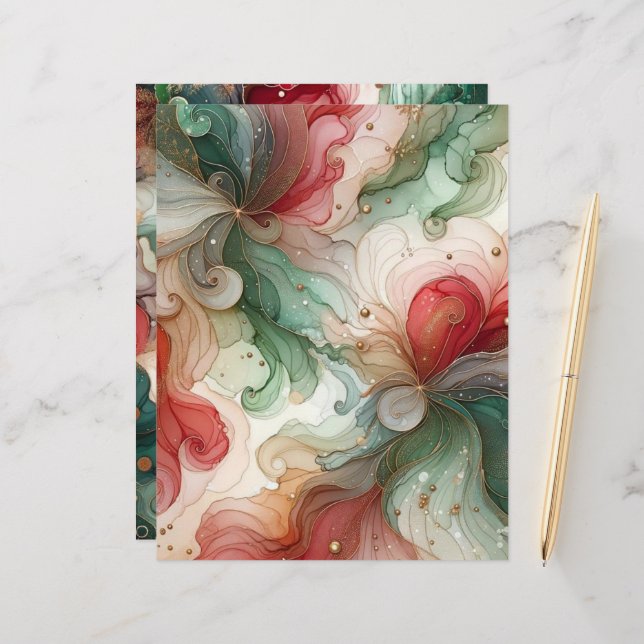 Festive Red & Green Alcohol Ink Scrapbook Paper (Front/Back In Situ)