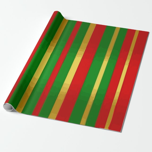 Festive Red, Green, and Gold Striped Pattern Wrapping Paper (Unrolled)