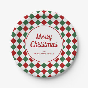 Festive Red Green Checks Merry Christmas Paper Plate