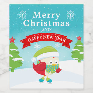 Festive Red & Green Christmas Bird Wine Label