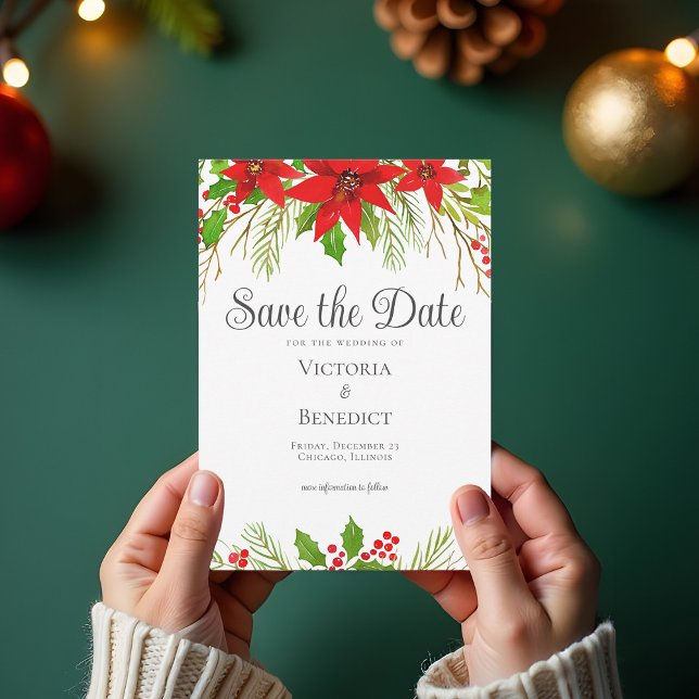 Festive Red Green Christmas Botanical Save The Date (Creator Uploaded)