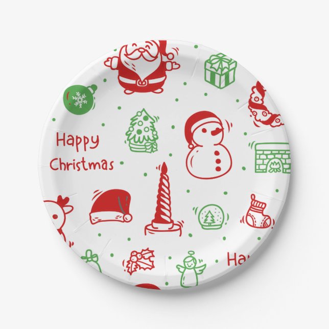 Festive Red & Green Christmas Pattern Paper Plate (Front)
