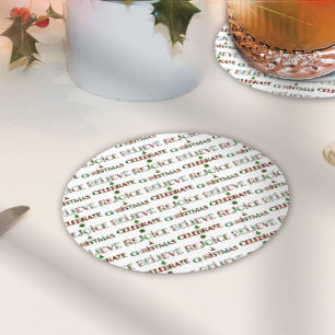 Festive Red Green Christmas Typography Round Paper Coaster