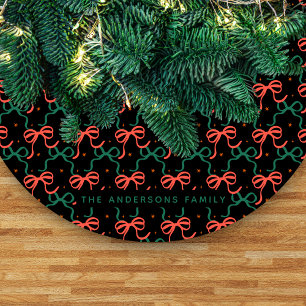 Festive Red & Green Coquette Bows Pattern Fleece Tree Skirt