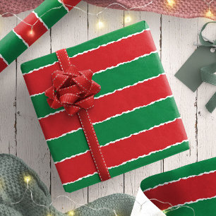 Festive Red Green Faux Torn Stripes Christmas  Wrapping Paper