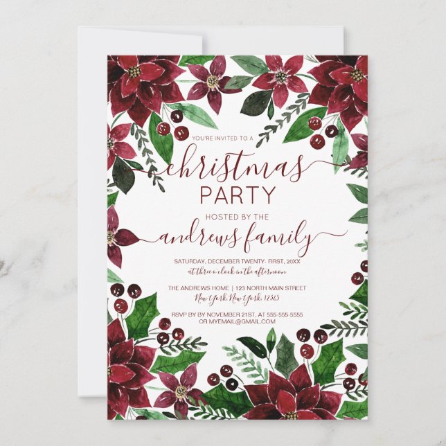 Festive Red Green Floral Ivy Watercolor Christmas Invitation (Front)