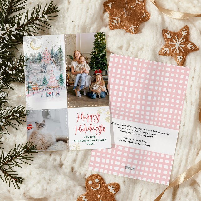 Festive Red Green Forest Happy Holidays 2 Photo Holiday Card (Creator Uploaded)