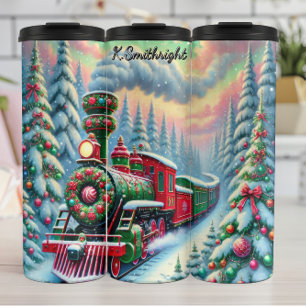 Festive Red Green Forest Train Thermal Tumbler