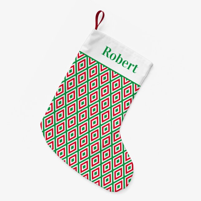 Festive Red Green Geometric Pattern with Name Small Christmas Stocking (Front (Hanging))